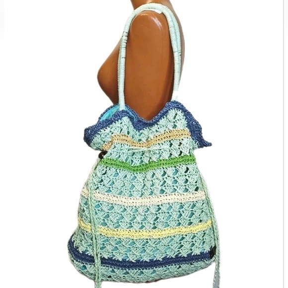 Altamar By Monica Q Raffi Resort Cruise Beach Bucket Bag Tote Beaded Drawstring - Picture 3 of 13